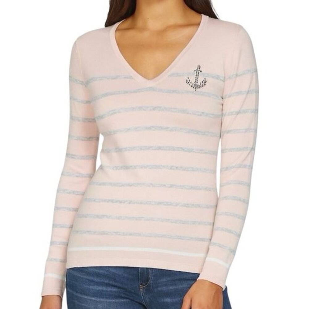 Tommy Hilfiger Pink & Gray Striped V-Neck Sweater with Rhinestone Anchor Size M